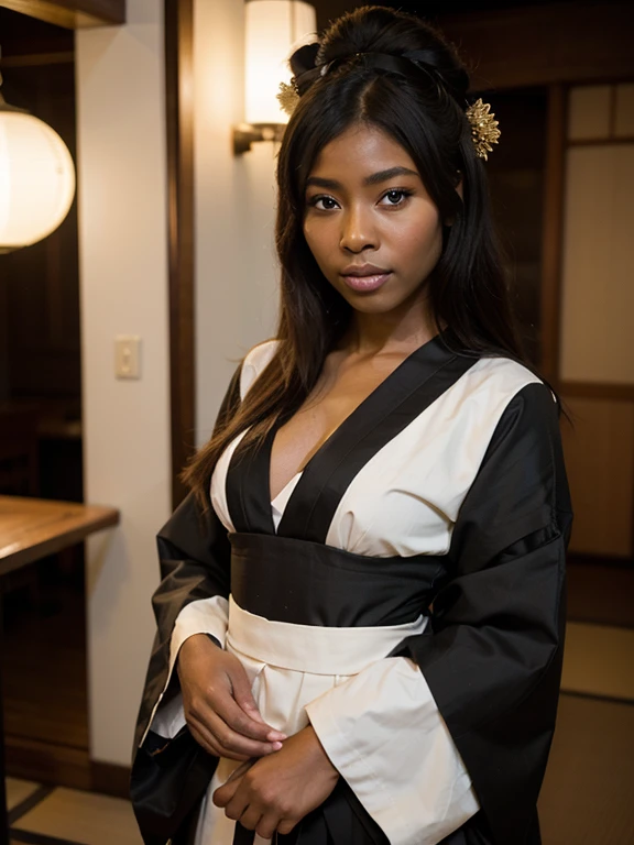 African black geisha, very dark ebony skin, kurotomesode kimono, in japan