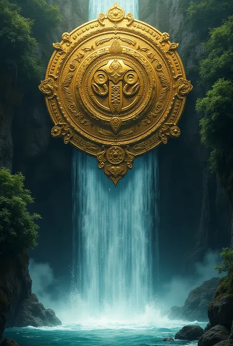 Golden coat of arms written by Ilé Asé Omi Odara, Water coming out of Cachoeira from inside  