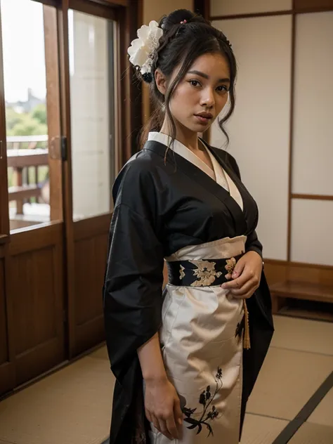 African black geisha, very dark ebony skin, kurotomesode kimono, in japan