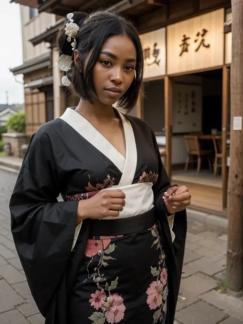 African black geisha, very dark ebony skin, kurotomesode kimono, in japan