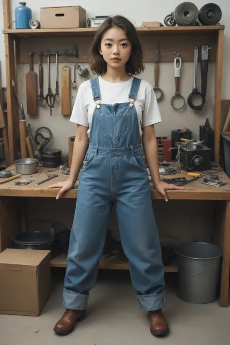 In her messy little workshop, a beautiful young Japanese female inventor in work-stained overalls poses proudly in front of a handmade, life-sized female sexaloid.