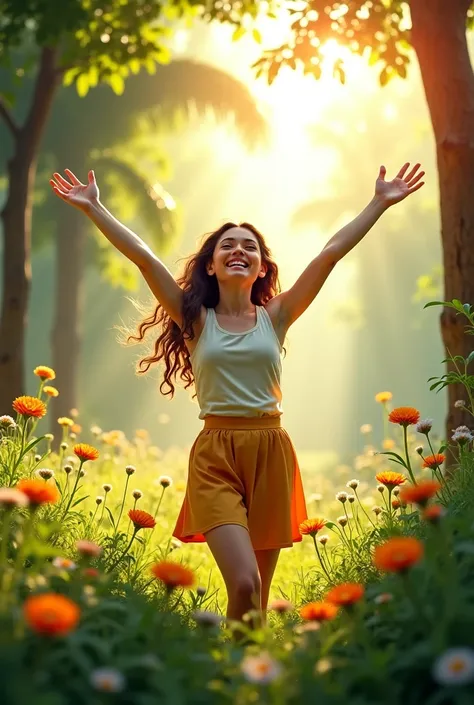 Happy young woman with open arms in the middle of nature. 