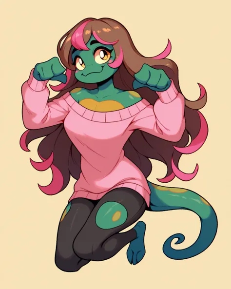 1girl, solo, green skin, adult female, day gecko, lizard girl, not human, anthro, long wavy dark brown, long hair, pink highlights, elegant, sexy, bangs, cute face, teal blue markings  on skin, bright gold eyes, long simple tail, geek girl, no human ears, ...