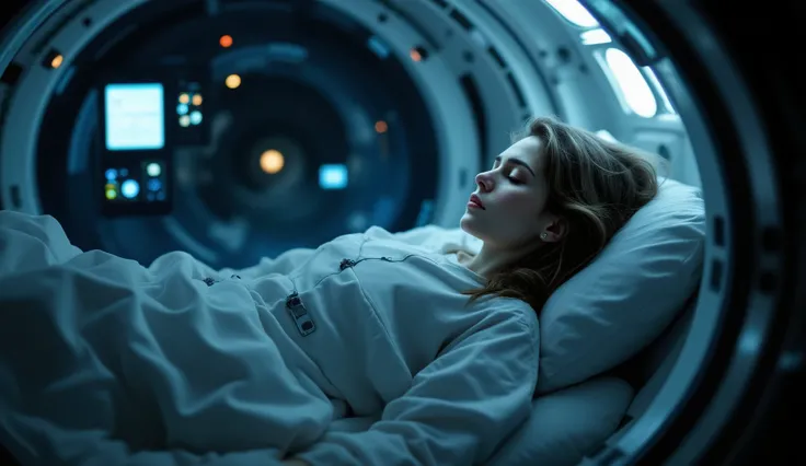 Woman sleeping in a hibernation capsule for space travel in a spaceship