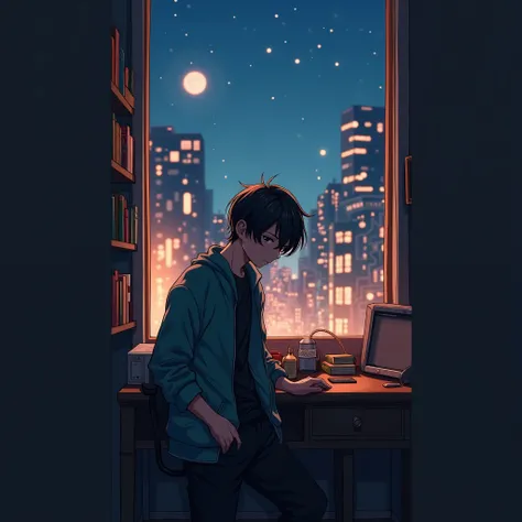An anime-style scene featuring a confident boy in his room, standing in a relaxed yet cool pose. He has one hand casually tucked into the pocket of his black jeans, while the other rests on the back of his neck, exuding a laid-back, self-assured vibe. His ...