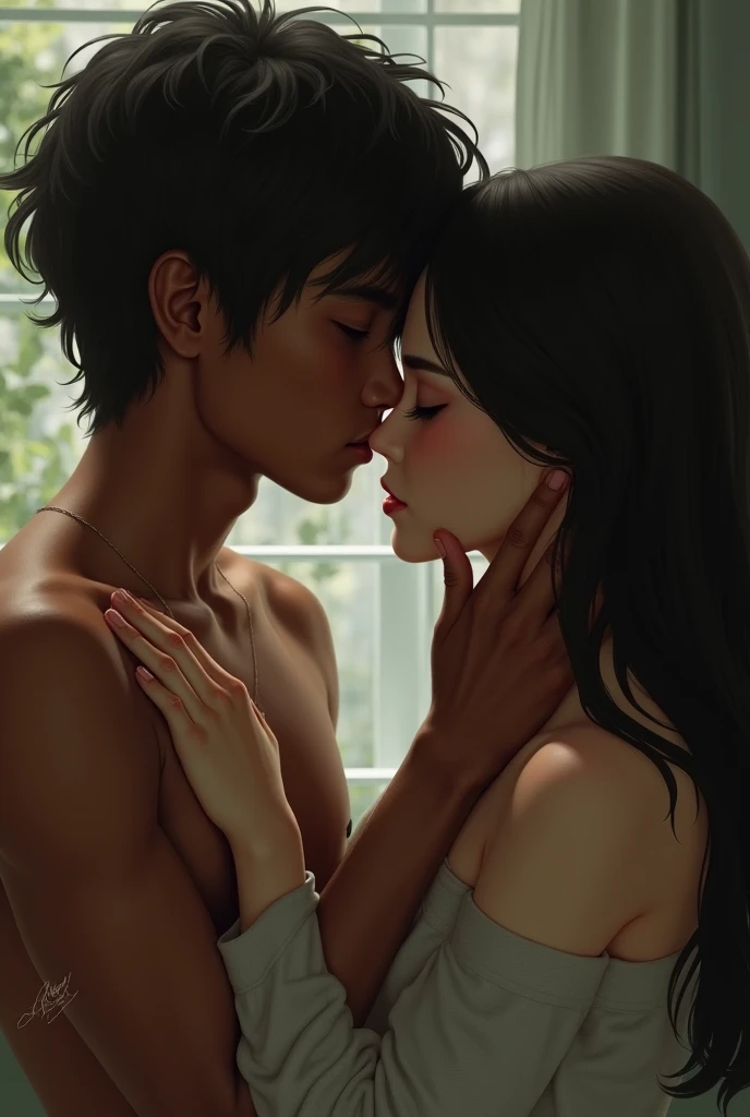 He has dark skin, not so dark and short hair, he kisses her forehead. She has white skin and long dark hair, sadly accepts his kiss. 