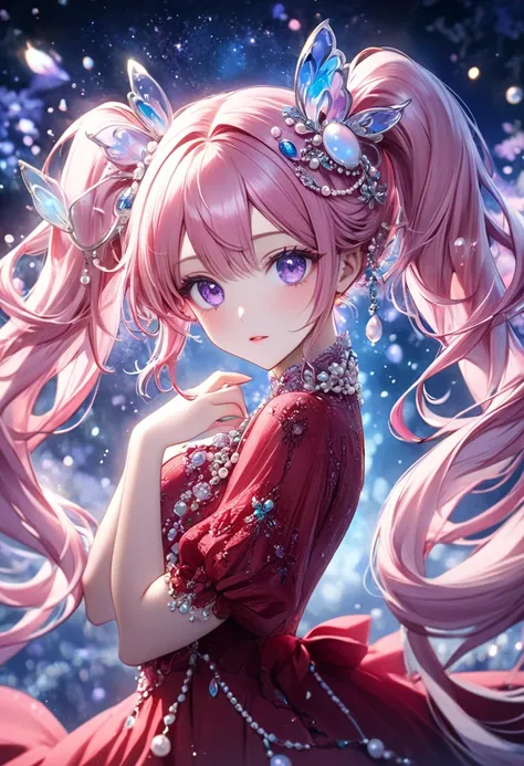  pink hair。 Long Twin Tails with Vertical Rolls 。Mysterious and Magical Purple Eyes 。 woman in red dress 。Pearl Ornaments 。 Luxurious Moonstone and Opal Hair Ornaments。