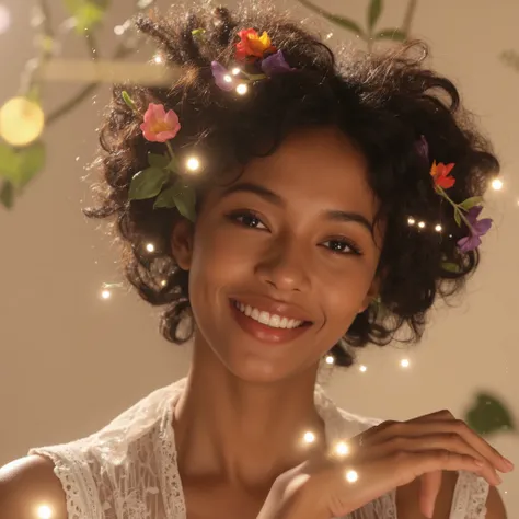 A beautiful black woman with flowers in her hair. She is smiling and happy. Portrait from her waist up. She has magic lights floating around her