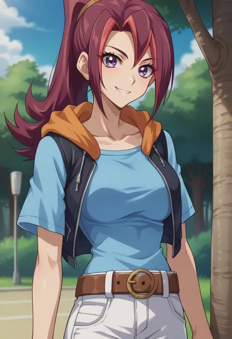 score_9, score_8_up, score_7_up, source_anime, highly detailed,
KariTsukumo, 1girl, solo, purple eyes, smile, multicolored hair, two-tone hair, long hair,
red hair, shirt, ponytail, looking at viewer, blue shirt, belt, hood,
short sleeves, purple hair, ban...