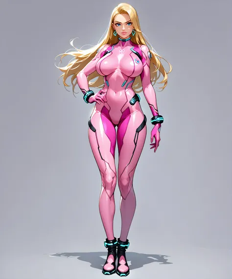 1female, solo, safe_pos, marvelrivals, , rivals, cel-shading, MYLF, milf, mature female, realistic, large lips, beautiful eyes, blondie hair, (pink  full bodysuit with fuchsia details)), with a patterns texture of circuits on the sides and arms, (big boobs...