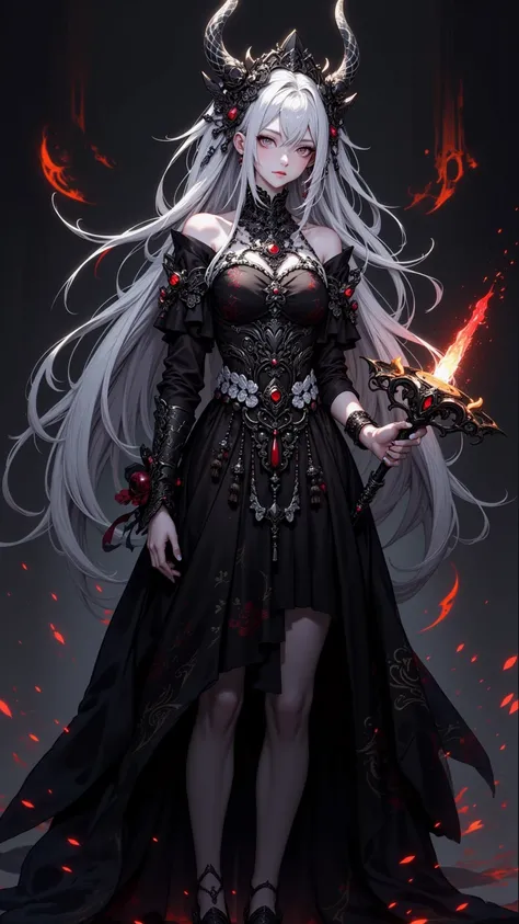  a dark fantasy illustration ， shows a highly detailed fantasy anime 。 in this mysterious scene ，A pale skin 、 The woman with long flowing hair is the central character 。 She is wearing a beautifully decorated Gothic-style black dress ， holding a tip that ...