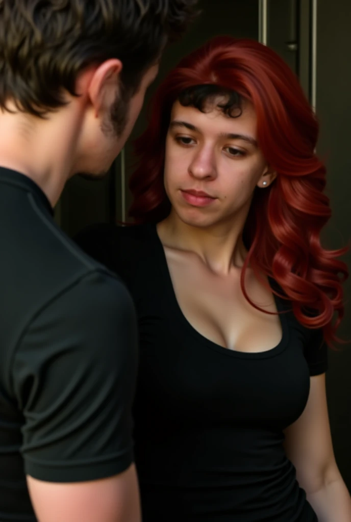 Black t shirt, Cleavage big boobs, red haired girl and a guy looking at her 