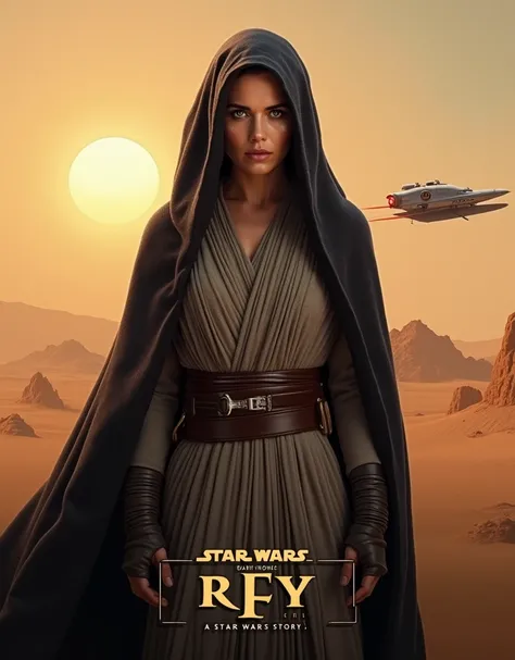 Daisey Ridley as an older Rey wearing a black hooded Jedi Master Robe with Speeder Train and Tattooine as a background in 4k and as a Sci Fi movie poster with Logo that reads Rey A Star Wars Story Realistic 