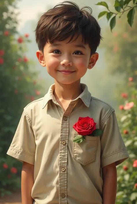 A boy shirt..and a red rose in the pocket of the shirt