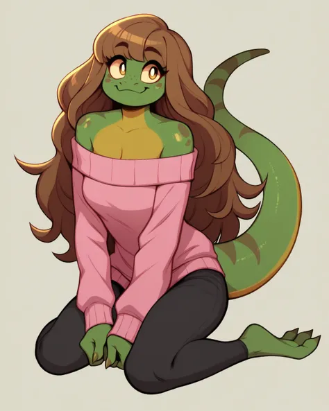 1girl, solo, green skin, adult female, day gecko, lizard girl, not human, anthro, long wavy dark brown, long hair, elegant, sexy, bangs, cute face, dark green freckles, bright gold eyes, long simple tail, geek girl, no human ears, no ears, lizard, full bod...