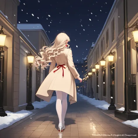 Her back view, elegant white heels, delicate shine, sheer stockings, long beige coat. Heart-shaped earrings, red ribbon in her hair, long wavy hair, soft curls, gentle highlights, night streets, shining street lamps, softly falling snow, cosy café in the d...