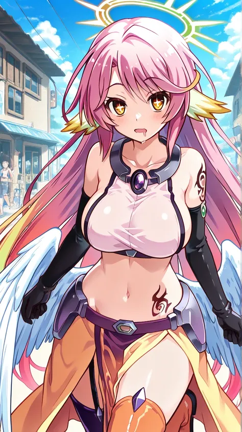 long hair,pink hair,halo,large breasts,symbol-shaped pupils,tatoo,cleavage,low wings,gloves, sideboob,midriff,asymmetrical legwear,mismatched legwear,drooling , 1girl, summer day, girl running through golden fields, the summer sun casting long shadows on t...