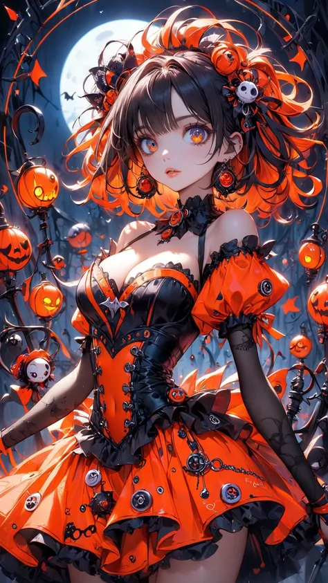   Tim Burton Style、cleavage、 neon 、 red and orange 、