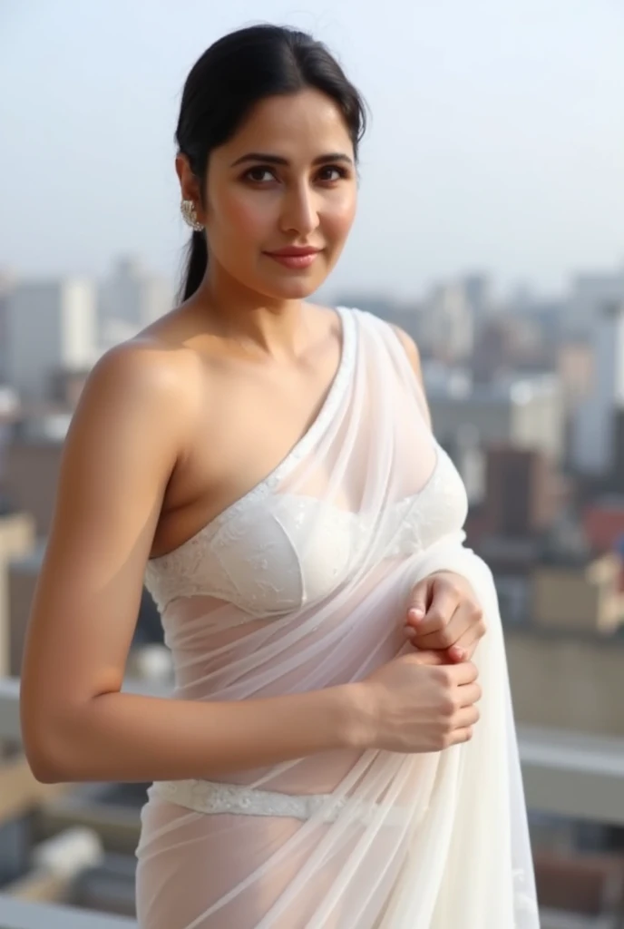 White Indian girl in tight sheer Indian saree and deep cleavage showing her huge body on rooftop, sexy. The transparent sari allows you to see her huge tits and makes her entire sensual body transparent.