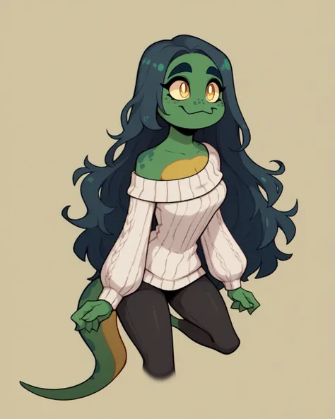 1girl, solo, green skin, adult female, day gecko, lizard girl, not human, anthro, long wavy blue black hair, long hair, teal hightlights, elegant, sexy, bangs, cute face, dark green freckles, bright gold eyes, long simple tail, geek girl, no human ears, no...