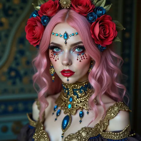 woman with pink hair decorated with roses, blue jewels and gold carved accessories, she has blue eyes and has a weird red makeup on the face, she is wearing a mysterious dress with gold carved decorated with blue jewels