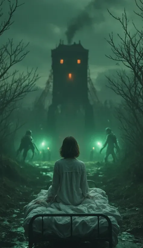 ultra realism, underworld realm background, green sky, dry trees, black tower with bright orange light windows, wet muddy ground, dark, a woman, short straight bob hair, bangs, brown hair, wearing white sleeping long sleeve dress, messy hair, sitting on a ...