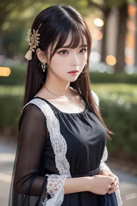  best quality , ( photorealistic:1.2),  1 girl, Alone,  detailed color,  focus on face ,  standing,  black hair,( hair ornament :1.35),OL,  ribbon trimming sleeve ,  detachable sleeves , Ribbon trim,  wide sleeve, ( viewers:1.5)  long hair,  ブラックアイズ, bangs...