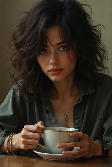 A woman with frizzy hair and abundant and long dark brown color with a dark complexion sitting drinking coffee with melancholy 