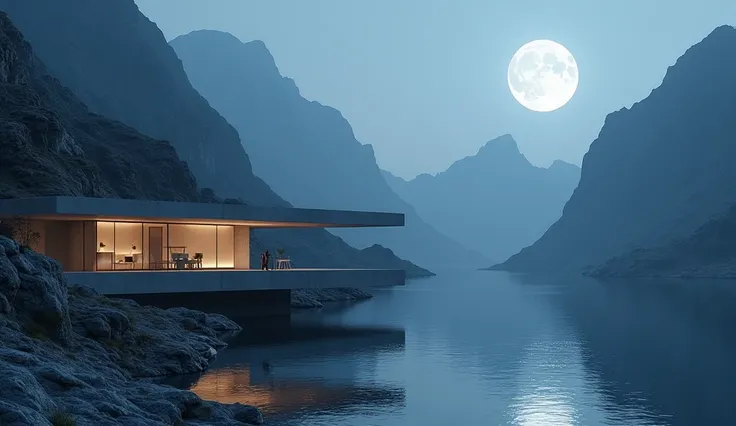 Chill scene, futuristic concrete architecture, on the mountainside, moonlight, lake, late night, reflection.