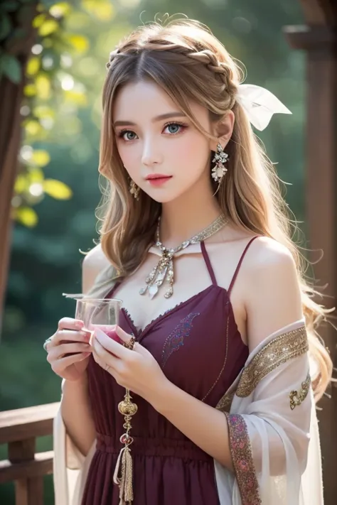  One Girl ,  long hair, Light Hair Color,  enchanting eyes,  Mysterious Expressions , Mature Appearance, Attractive dress,  Relaxed Dress, Graceful Jewels , Intricate decoration, Magic symbols, Glowing Accessories,  potion , Scroll, Cute accent, bow, ribbo...