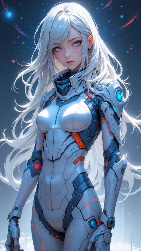 A FUTURISTIC SILVER-HAIRED GIRL FIGURE WEARING A STRIKING WHITE AND BLUE SPACE SUIT， conveys the essence of Anton Moffe's art ， The detailed design ， Vivid Color ，Cosmic Inspiration 