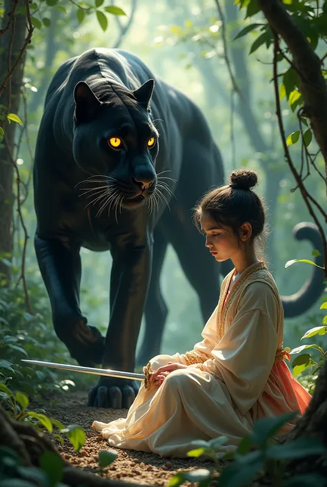  create an elegant panther with fiery eyes , jungle  , an elegant young girl is sitting with a sword in her hands  
