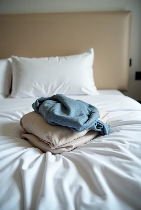 A bed in a hotel room.  ,  a white messy bedspread.  The bed is made with white sheets . The room's walls are a light . The lighting is neutral and ambient. The perspective is looking down on the bed. The composition is simple and uncluttered, but shows th...