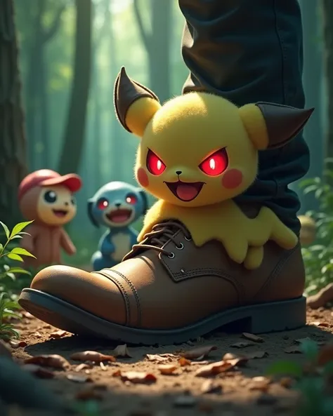 An evil and scary Weedle ,  with bright red eyes and a Sharp Poison Stinger,  being crushed by a heavy leather boot .  The scene takes place in a dark forest ,  with rays of light filtered by the trees .  The ground is filled with dry leaves ,  and the Wee...