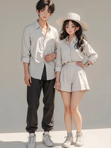 20 years old a handsome guy wore dress shirt and hammer pants and his girlfriend wore plain Co-ord Set and a cute hat and man and woman wearing white sneakers shoes.