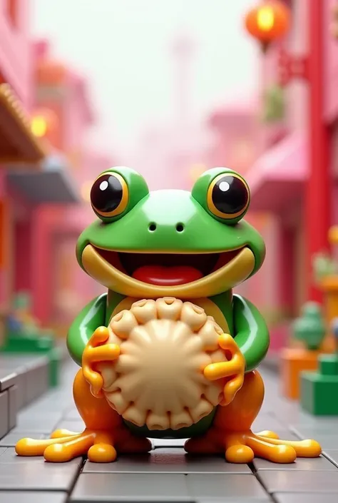 A cute frog made of Lego blocks is holding a dumpling and is happy, The background is a pink LEGO town