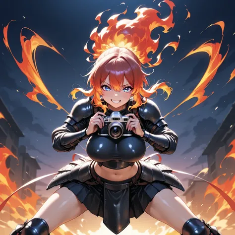 beautiful 30 year old woman with fiery hair,   slender legs、 skirt attached to the body ,  dynamic pose、  perfect face 、   masterpiece,    Anatomically Precise  ,    armour skirt ,    Textured leather,   big boobs,  sexy body,  Clothing Seeing The Camera, ...