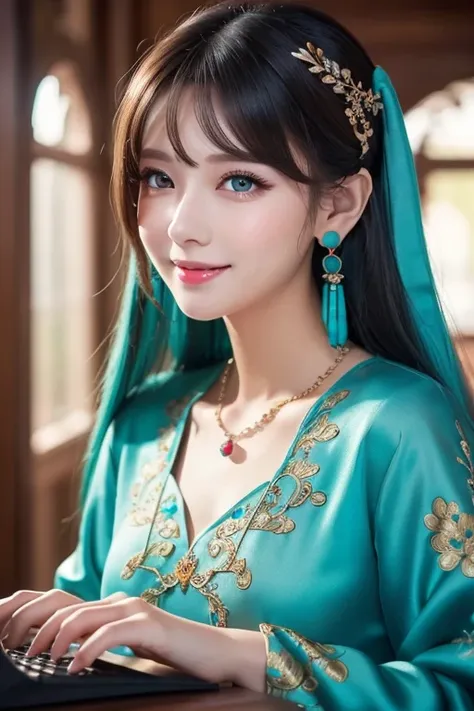 Masterpiece,  best quality ,  Ultra Details, illustration,( 1 girl), eyes drawn in beautiful detail,  Watch Your Audience, ( Hold up the computer keyboard ),  happy, ( turquoise hair:1), (Blue round eyes:1), (Round earrings), ( large turquoise jewelry neck...