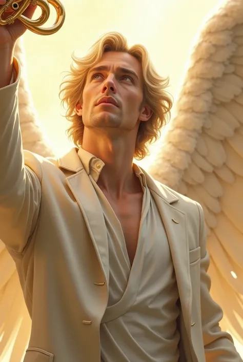 Create an image of an Angel in a white coat in the shape of a blond man blowing a trumpet 