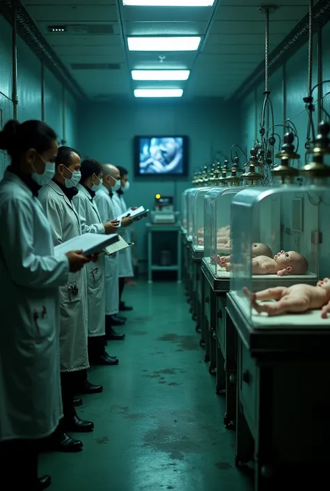 A cold, dimly lit room with flickering fluorescent lights. In the center, several glass incubators hold babies with eerie mutations – completely black eyes, pale, almost translucent skin with visible veins. Some have extra limbs or grotesque deformities. S...