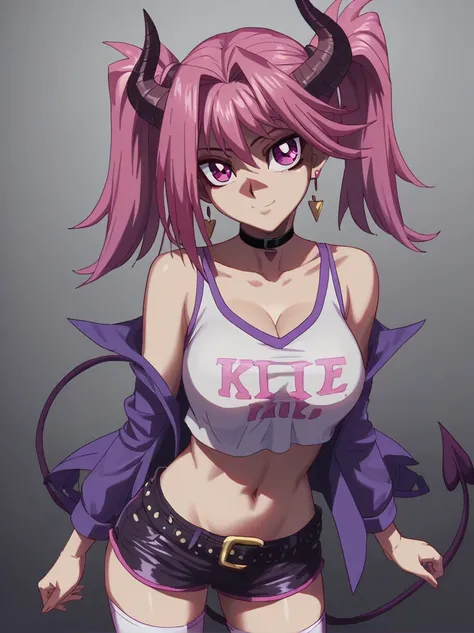 score_9, score_8_up, score_7_up, score_6_up, score_5_up,
1girl, solo, breasts, tail, pink_hair, horns, demon_tail, shorts, jacket, twintails, large_breasts, smile, looking_at_viewer, long_hair, navel, choker, black_background, pink_eyes, short_shorts, belt...