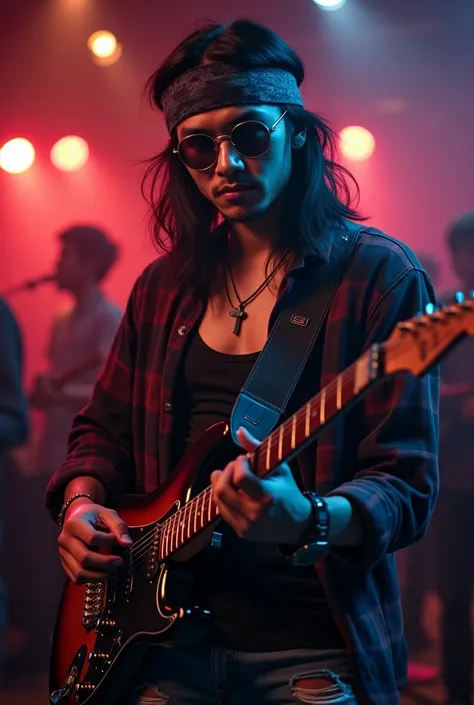 Foto realistic, 25-year-old Indonesian man , long hair past shoulders wearing headband, wearing round frame sunglasses ,wearing flannel singlet shirt ,  ripped jeans ,Sneakers, standing playing electric guitar , focused face facing front , dark begron nigh...