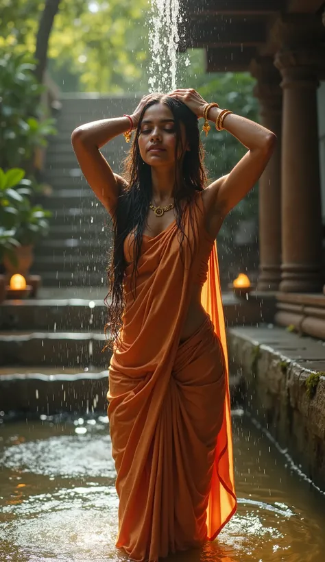 "A beautiful young woman, around 22 years old, from ancient times, is bathing by gently pouring water over her head. She is dressed in a traditional saree, which is slightly wet and clings gracefully to her form. Her long hair flows down her back as drople...