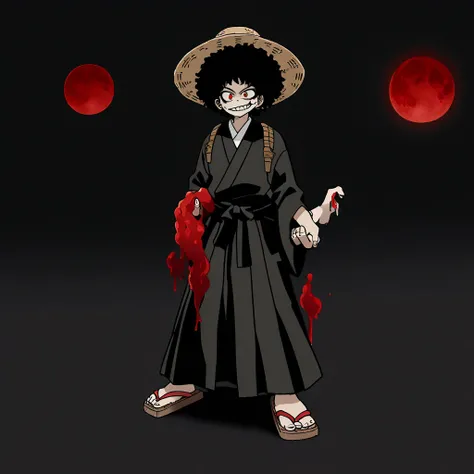 A dark-skinned male teen with black hair in the style of a afro, wearing a oversized black samurai Hakama uniform, traditional Japanese straw hat and Japanese samurai sandals, his eyes are blood red, his sclera is black and his pupils are white, he has a t...