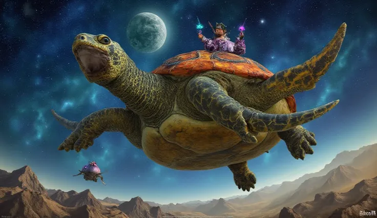  best quality,  masterpiece, Exactly, from above,  high resolution, The discworld by Terry Pratchett , Details,  a discworld that flies through space on 4 elephants on Rinet sea turtle. 