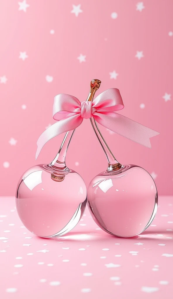 2 clear glass cherries、 Ribbon🎀、 pink background、 Genuine 、  high image quality、The background is a polka dot pattern, top quality,  Anatomically Correct , 