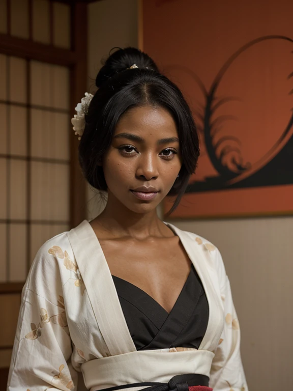 African black geisha, very dark ebony skin, kurotomesode kimono, close-up portrait, in japan