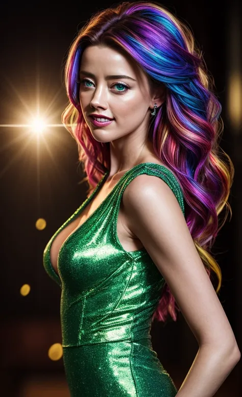 AMBER HEARD,  masterpiece,   style, (( Cinematic Lighting)), ( round), ((dramatic lighting )), ((  beautiful detailed glow  )),  intricate detail, lens flare,  multicolored hair ,  rainbow hair ,  long hair, multicoloured dress,  butterfly hair ornament , ...