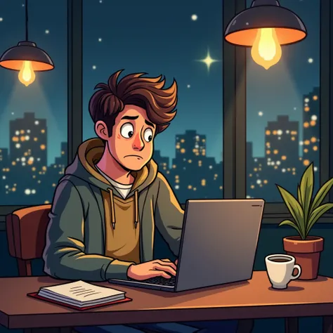 Cartoon of a young entrepreneur in a coffee shop with a laptop, with a sad look while working.  The warm light of the place contrasts with the night visible through the window, showing an illuminated city .  His table has a notebook with notes and a cup of...