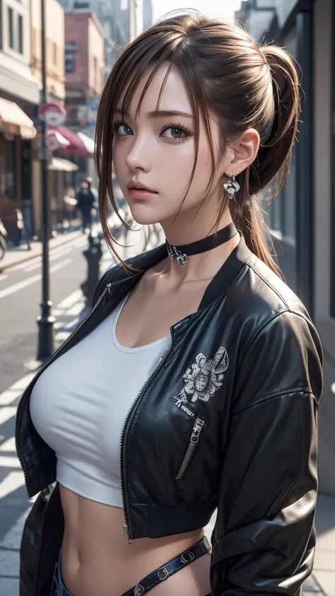  photorealistic, masutepiece, Best Quality, Raw photo, 1girl in, Alone, Twin-tailed, Brown hair, Detailed face, alluring face, 、Punk rock fashion、earrings、a choker、Open jacket、croptop, medium breasts, Dynamic Pose, Looking at Viewer, From below, Detailed b...